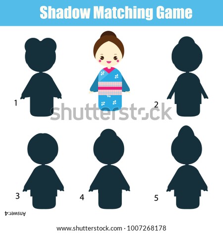 Shadow matching game for children. Find the right shadow. Activity for preschool kids with cute japanese girl in kimono
