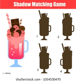 Shadow matching game for children. For kids preschool and school age. Worksheet, find the correct silhouette for milk shake cocktail
