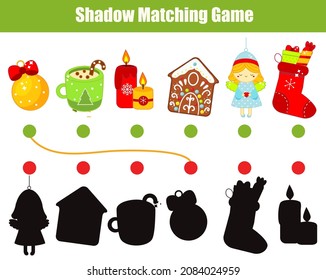 Shadow matching game for children. Silhouette Christmas and New year theme playing page for toddlers and kids