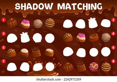 Shadow matching game. Chocolate praline and fudge, souffle and coconut, truffle and jelly, hazelnut candy or bonbon. Shadow match, silhouette find vector quiz vector worksheet with chocolate sweets