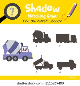 Shadow matching game of Concrete Mixer Truck cartoon character side view transportations for preschool kids activity worksheet colorful version. Vector Illustration.