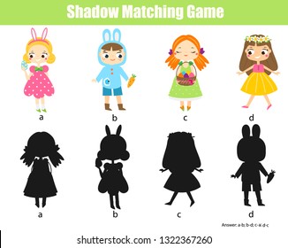 Shadow matching game. Connect object with silhouette. Easter kids activity