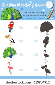 Shadow matching game of cute bird animals for preschool kids activity worksheet layout in A4 colorful printable version. Vector Illustration.