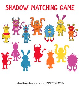 Shadow matching game cute colorful doodle cartoon monsters vector illustration