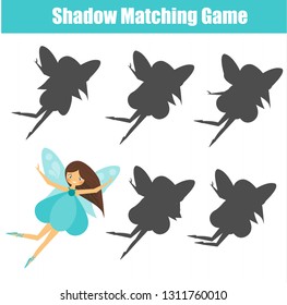 Shadow matching game. Cute fairy. Kids activity. valentines day theme fun page for toddlers and pre school age