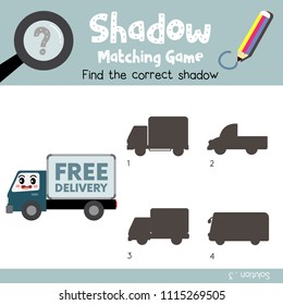 Shadow matching game of Delivery Truck cartoon character side view transportations for preschool kids activity worksheet colorful version. Vector Illustration.