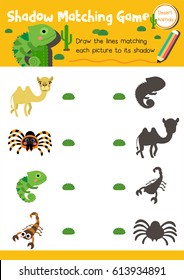Shadow matching game of desert animals for preschool kids activity worksheet layout in A4 colorful printable version. Vector Illustration.