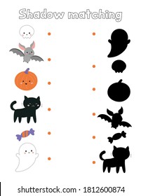 Shadow matching game. Educational worksheet for preschool children. Cartoon Halloween cartoon characters: skull, pumpkin, bat, cat and ghost.