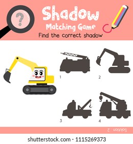 Shadow matching game of Excavator cartoon character side view transportations for preschool kids activity worksheet colorful version. Vector Illustration.