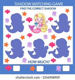 Shadow Matching game. Find the correct shadow mermaid. Children funny riddle entertainment. Game tasks for attention. Kids Mathematical exercise. Vector illustration.