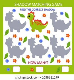 Shadow Matching game. Find the correct shadow dinosaur. Children funny riddle entertainment. Activity page for baby. Kids Mathematical game. Birthday decor. Vector illustration.