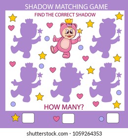 Shadow Matching game. Find the correct shadow little princess. Children funny riddle entertainment. Activity page for baby. Kids count game. Birthday decor. Vector illustration.