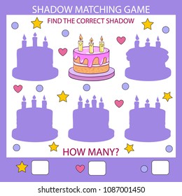 Shadow Matching game. Find the correct shadow cartoon cake with candles. Children riddle and entertainment. Activity page for book. Kids worksheet with count game. Birthday décor. Vector illustration.