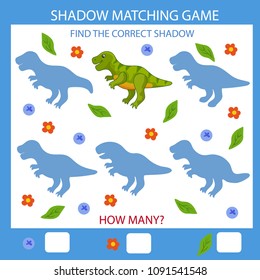 Shadow Matching game. Find the correct shadow dinosaur. Children funny riddle entertainment. Activity page for baby. Worksheet with mathematical game. Birthday decor. Vector illustration.