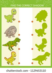 Shadow Matching game. Find the correct shadow cute cartoon dinosaurs. Children funny riddle entertainment. Worksheet with activity page for baby. Birthday decor. Vector illustration.