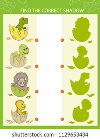 Shadow Matching game. Find the correct shadow cute cartoon baby dinosaurs. Children funny riddle entertainment. Worksheet with activity page for baby. Birthday decor. Vector illustration.