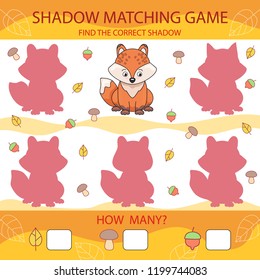Shadow matching game. Find the correct shadow cartoon cute fox. Funny children riddle. Activity page for child. Kids mathematic count game. Birthday decor. Vector illustration.