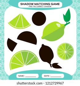 Shadow matching game. Find the correct shadows. Activity page for kids. Kindergarten worksheets by matching colorful pictures to their black shadows. Lime. Blue.