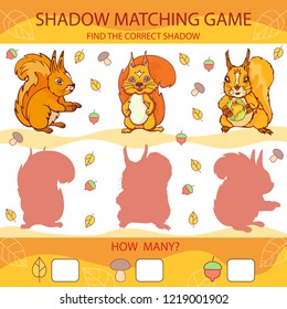 Shadow matching game. Find the correct shadow cartoon cute squirrels. Funny children riddle. Activity page for child. Kids mathematic count game. Birthday decor. Vector illustration.