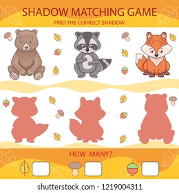 Shadow matching game. Find the correct shadow cartoon cute forest animals. Funny children riddle. Activity page for child. Kids mathematic count game. Birthday decor. Vector illustration.