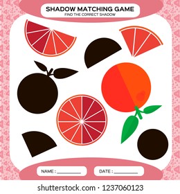 Shadow matching game. Find the correct shadows. Activity page for kids. Kindergarten worksheets by matching colorful pictures to their black shadows. Pomegranate. Red.