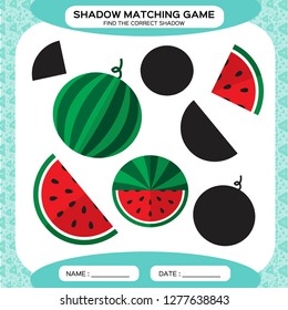 Shadow matching game. Find the correct shadows. Activity page for kids. Kindergarten worksheets by matching colorful pictures to their black shadows. Watermelon. Blue.