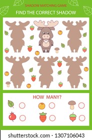 Shadow matching game. Find the correct shadow cartoon a cute elk. Funny children riddle. Activity page for child. Kids mathematic count game. Vector illustration.
