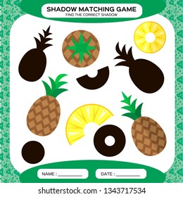 Shadow matching game. Find the correct shadows. Activity page for kids. Kindergarten worksheets by matching colorful pictures to their black shadows. Pineapple. Green.