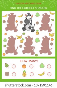 Schattenpassendes Spiel. Finden Sie den richtigen Schattencartoon cute a Zebra. Die lustigen Kinder rätseln sich. Aktivitätsseite für Kinder. Kinder mathematisches Zählspiel. Die Gestaltung des Geburtstags. Vektorgrafik.