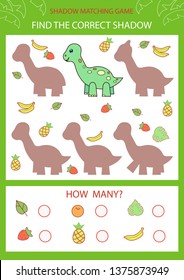 Shadow matching game. Find the correct shadow cartoon dinosaur Andesaurus. Funny children riddle. Activity page for child. Kids mathematic count game. Birthday decor. Vector illustration.