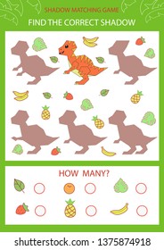 Shadow matching game. Find the correct shadow cartoon cute dinosaur. Funny children riddle. Activity page. Kids mathematic count game. Birthday decor. Vector illustration.