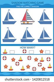 Shadow matching game. Find the correct shadow sea ship. Funny children riddle. Activity page. Kids mathematic count game. Birthday decor. Vector illustration.