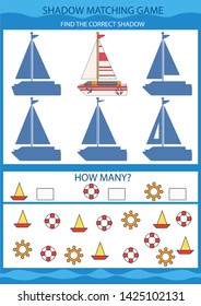 Shadow matching game. Find the correct shadow sailboat. Funny children riddle. Activity page. Kids mathematic count game. Birthday decor. Vector illustration.