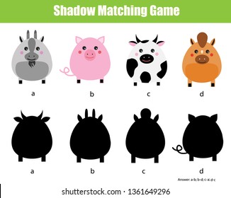 Shadow matching game. Find silhouette for cute animals. activity for toddlers and pre school age kids.