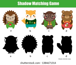 Shadow matching game. Find silhouette for cute animals. activity for toddlers and pre school age kids.