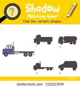 Shadow matching game of Flatbed Truck cartoon character side view transportations for preschool kids activity worksheet colorful version. Vector Illustration.