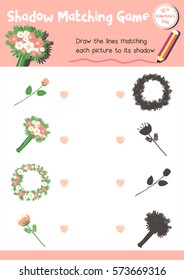 Shadow matching game of flowers for preschool kids activity worksheet in Valentines Day theme colorful printable version layout in A4.
