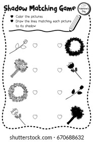 Shadow matching game of flowers for preschool kids activity worksheet in Valentines Day theme coloring printable version layout in A4.