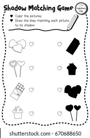 Shadow matching game of food for preschool kids activity worksheet in Valentines Day theme coloring printable version layout in A4.