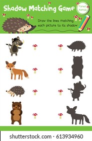 Shadow matching game of forest animals for preschool kids activity worksheet layout in A4 colorful printable version. Vector Illustration.