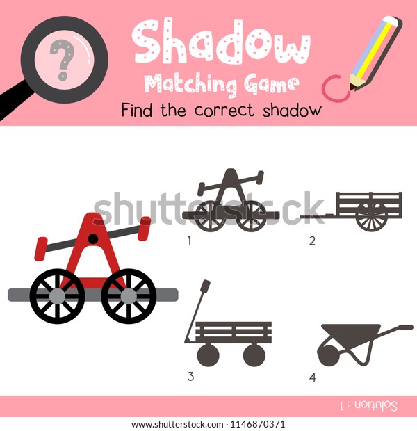 Shadow matching game of\
Handcar cartoon character side view transportations for preschool\
kids activity worksheet colorful version. Vector\
Illustration.