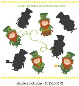 shadow matching game with happy cartoon Leprechaun for children