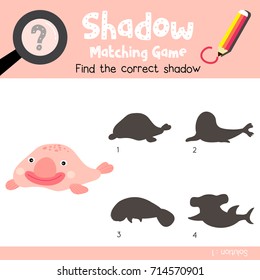 Shadow matching game of Happy pink Blobfish animals for preschool kids activity worksheet colorful version. Vector Illustration.