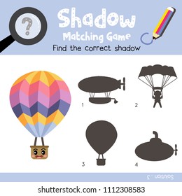 Shadow matching game of Hot Air Balloon side view transportations for preschool kids activity worksheet colorful version. Vector Illustration.
