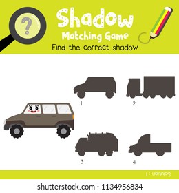 Shadow matching game of Humvee cartoon character side view transportations for preschool kids activity worksheet colorful version. Vector Illustration.