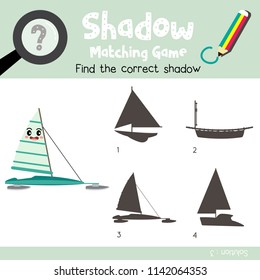 Shadow matching game of Ice Sailing cartoon character side view transportations for preschool kids activity worksheet colorful version. Vector Illustration.