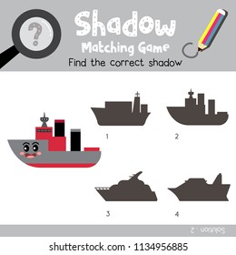 Shadow Matching Game Of Icebreaker Cartoon Character Side View Transportations For Preschool Kids Activity Worksheet Colorful Version. Vector Illustration.