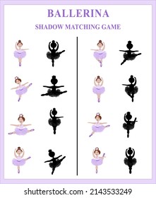 Shadow matching game with images and silhouettes of ballerinas in lilac tutus