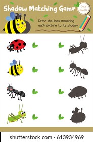 Shadow matching game of insect bug animals for preschool kids activity worksheet layout in A4 colorful printable version. Vector Illustration.