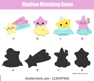 Shadow matching game. Kids activity with cute stars characters